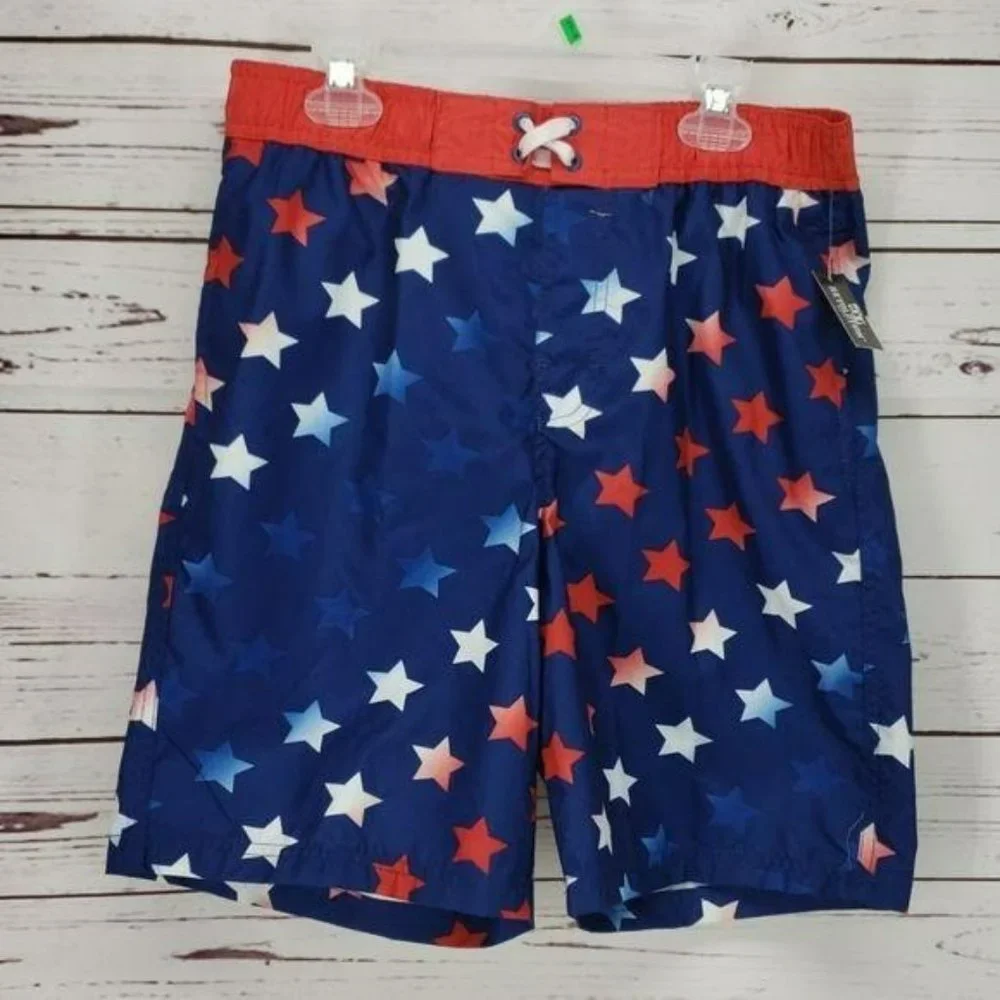 Revolution Boys American Patriotic Star Blue Red White Swim Shorts Trunks Medium